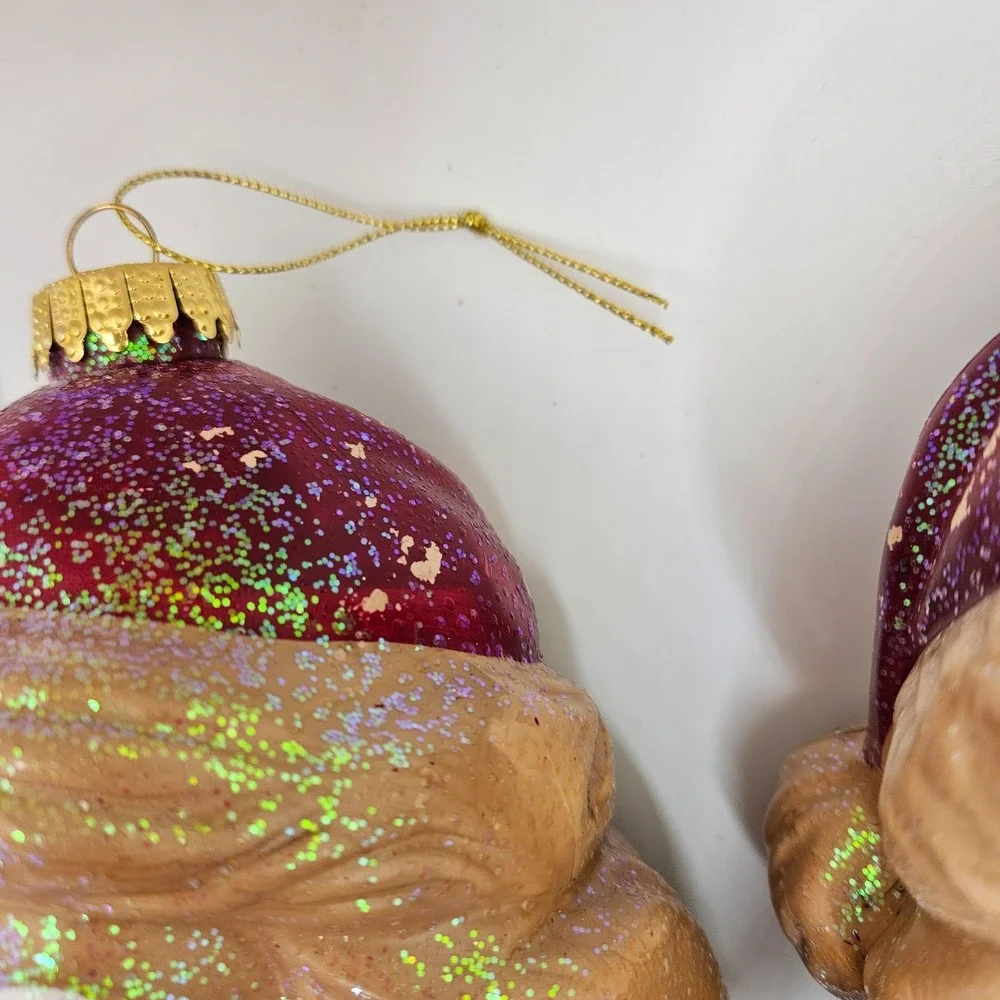 Vintage Santa Head Christmas Ornaments‎ Pair Glittered Mid Century Holiday Decor